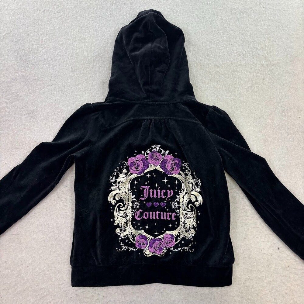 Juicy Couture Girl's 90s Y2K Trendy Black Velour Hoodie Size L 14